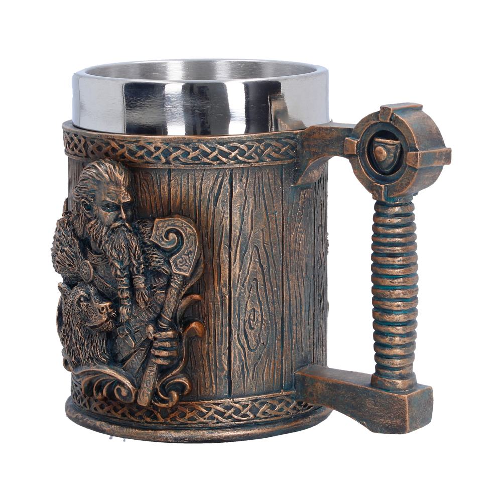 For The Gods Viking Tankard Small - angled wood-effect body with raised warrior details