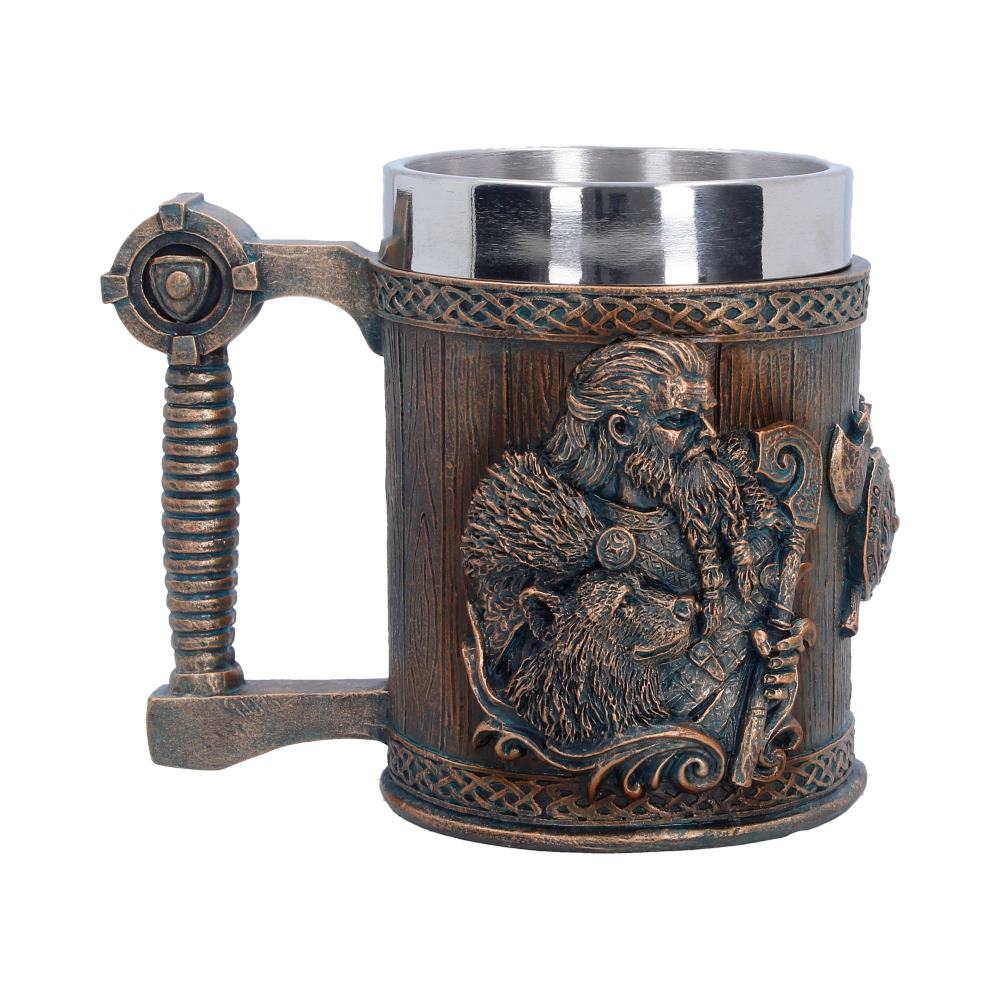 For The Gods Viking Tankard Small - side showing sword handle, shields and axes