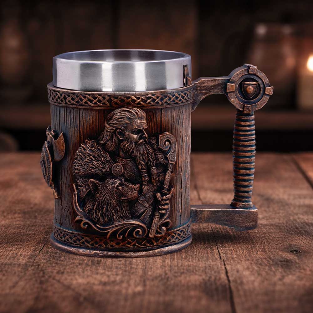 For The Gods Viking Tankard Small - Viking sword-handle tankard on a wooden display