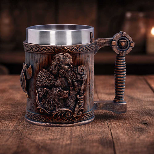 For The Gods Viking Tankard Small - Viking sword-handle tankard on a wooden display