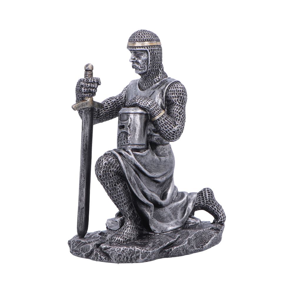The Pledge Kneeling Medieval Knight Figurine - side showing mail links and rocky base