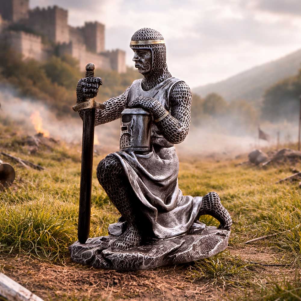 The Pledge Kneeling Medieval Knight Figurine - kneeling medieval knight in a rocky countryside display