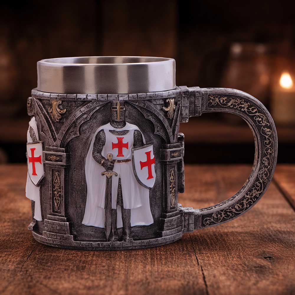 White Knight Tankard Small - white knight tankard on a wooden display