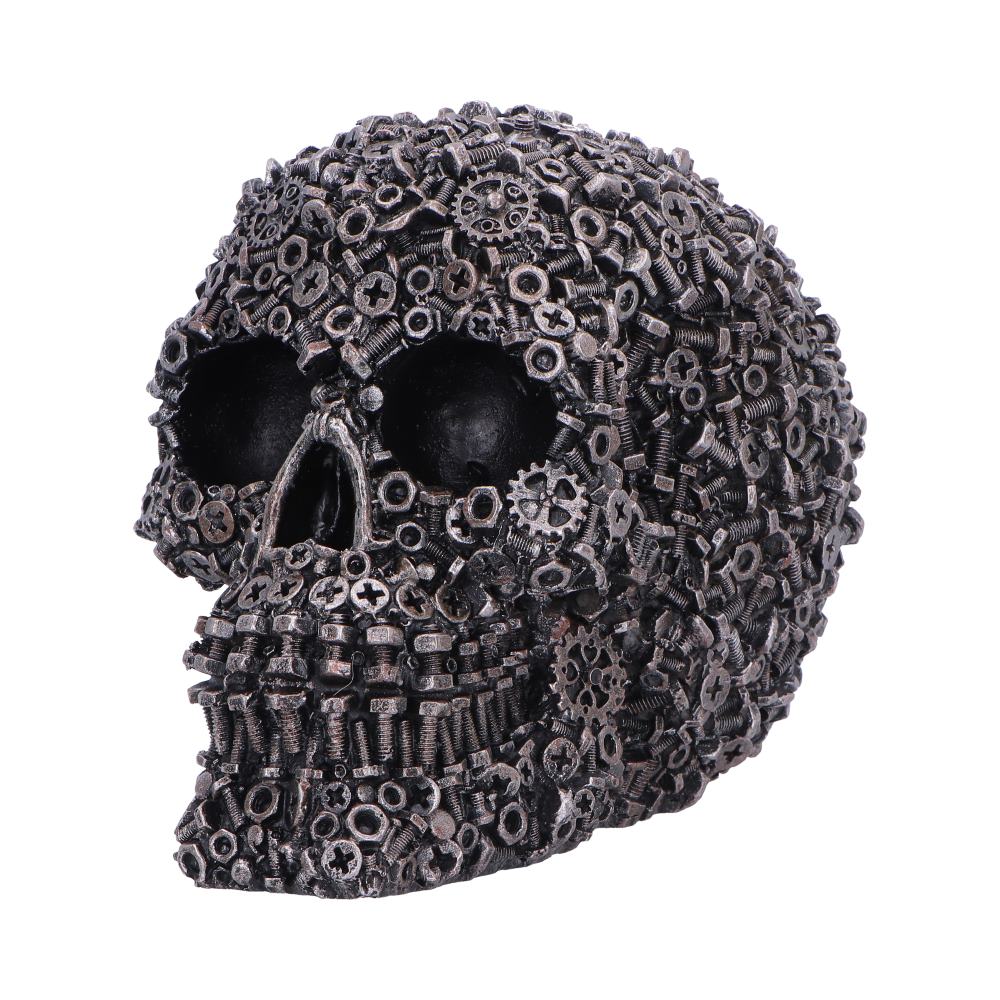 Screwed Industrial Skull Ornament - angled face with dark eye sockets and hardware textures
