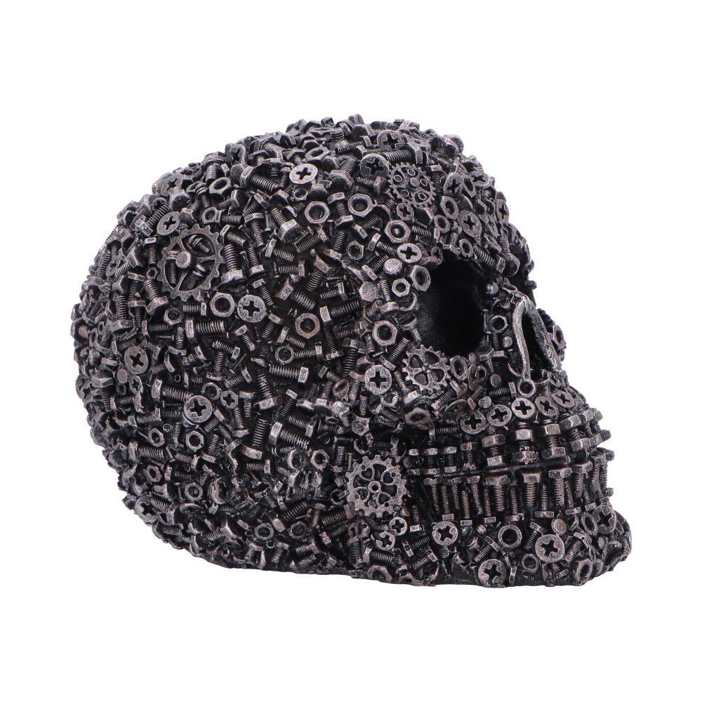 Screwed Industrial Skull Ornament - side showing industrial fittings around skull