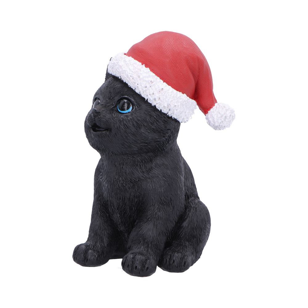 Santa Claws Black Cat Christmas Figurine - side showing white hat trim and tucked paws