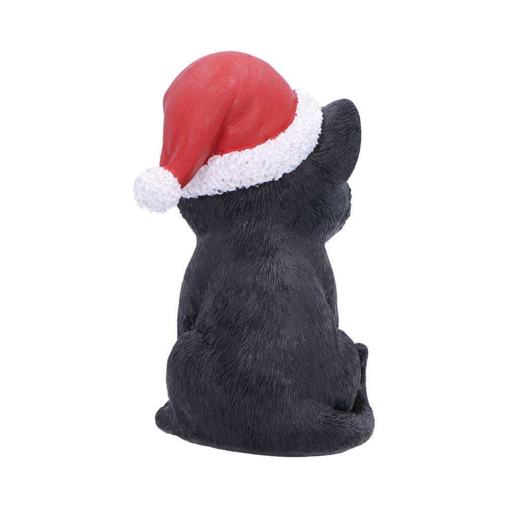 Santa Claws Black Cat Christmas Figurine - rear with red hat and curled tail