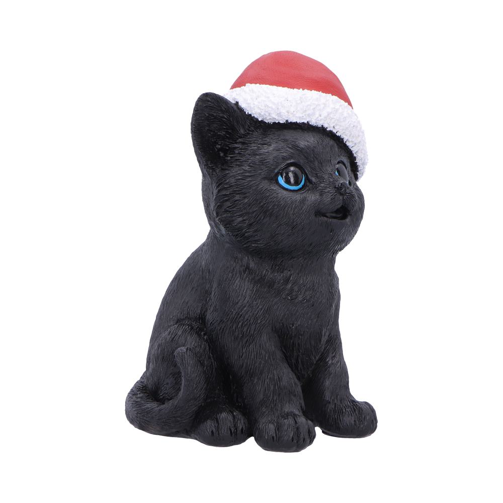 Santa Claws Black Cat Christmas Figurine - angled blue-eyed cat beneath Christmas hat