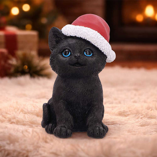 Santa Claws Black Cat Christmas Figurine - black Christmas cat on a festive display