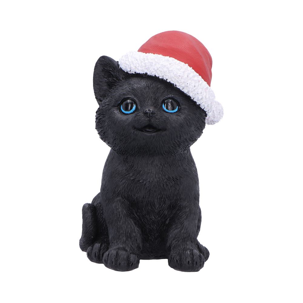 Santa Claws Black Cat Christmas Figurine - front with blue-eyed black cat and red Santa hat