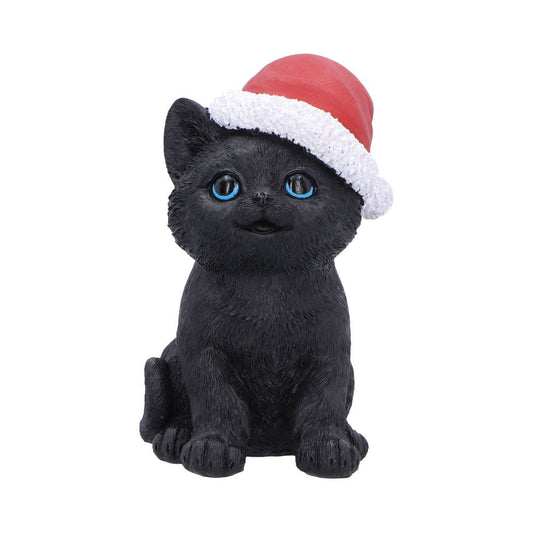 Santa Claws Black Cat Christmas Figurine - front with blue-eyed black cat and red Santa hat