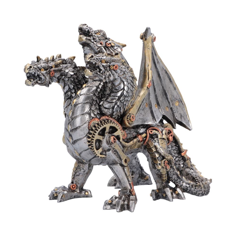 Cogwork Trinity Small Dragon Ornament - angled view of sculpted cogs, bolts and segmented legs