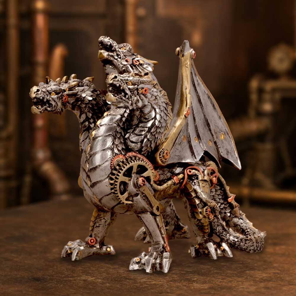 Cogwork Trinity Small Dragon Ornament - small steampunk dragon in an industrial fantasy setting