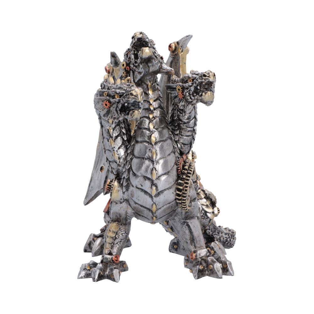 Cogwork Trinity Small Dragon Ornament - three-headed mechanical-style dragon with silver-grey plates