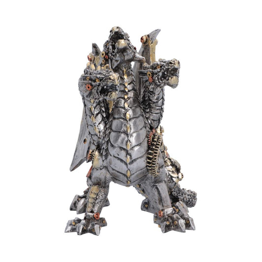 Cogwork Trinity Small Dragon Ornament - three-headed mechanical-style dragon with silver-grey plates