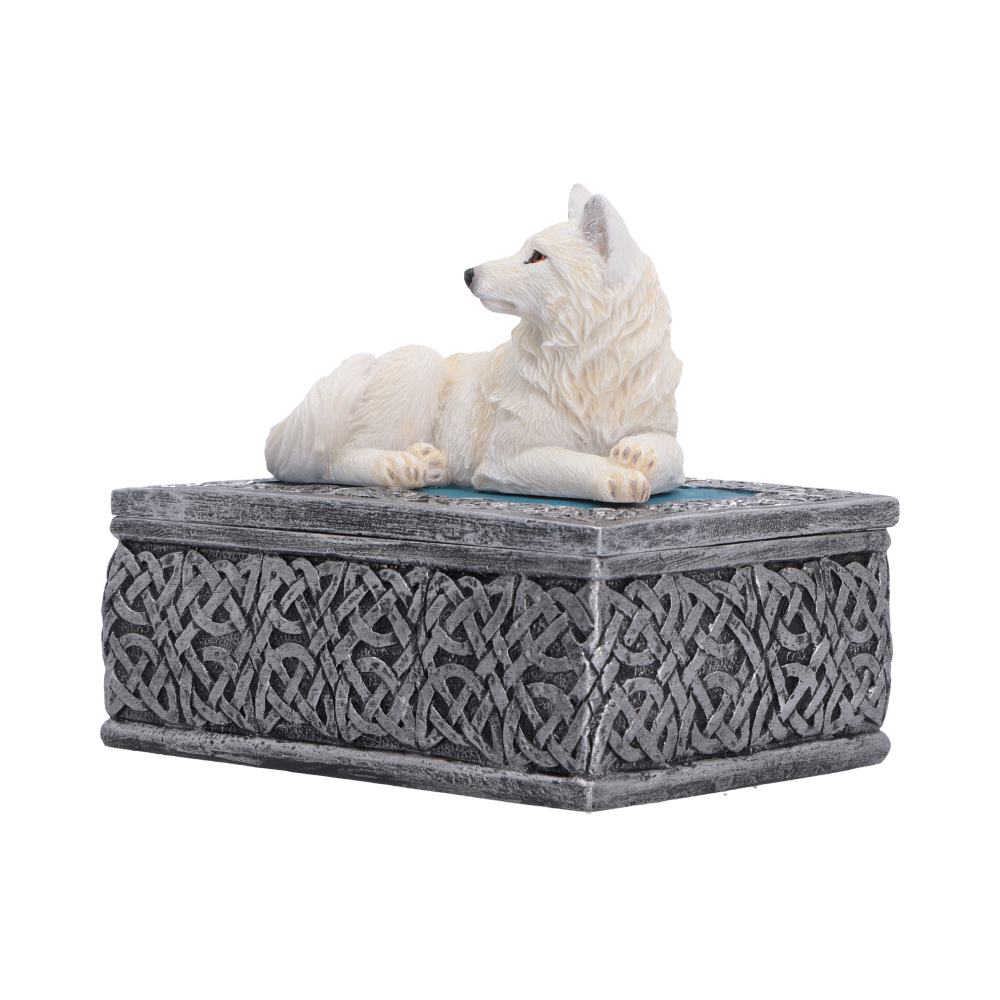 Ghost Wolf Trinket Box - angled wolf lid above the patterned keepsake compartment