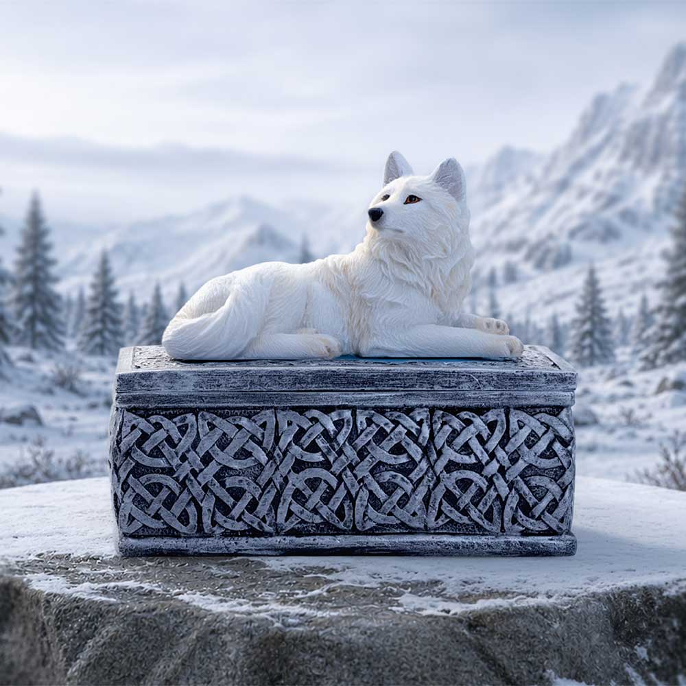 Ghost Wolf Trinket Box - white wolf box in a snowy woodland-themed scene