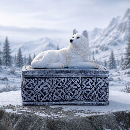 Ghost Wolf Trinket Box - white wolf box in a snowy woodland-themed scene