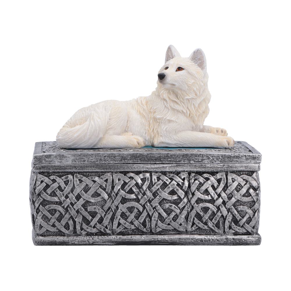 Ghost Wolf Trinket Box - white wolf resting on a silver-grey knotwork box