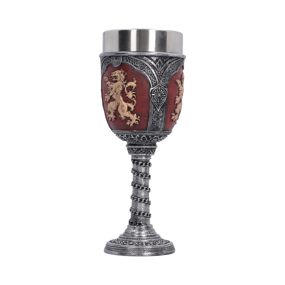 Heraldic Lion Decorative Goblet - angled lion panels and ornate silver-toned framing
