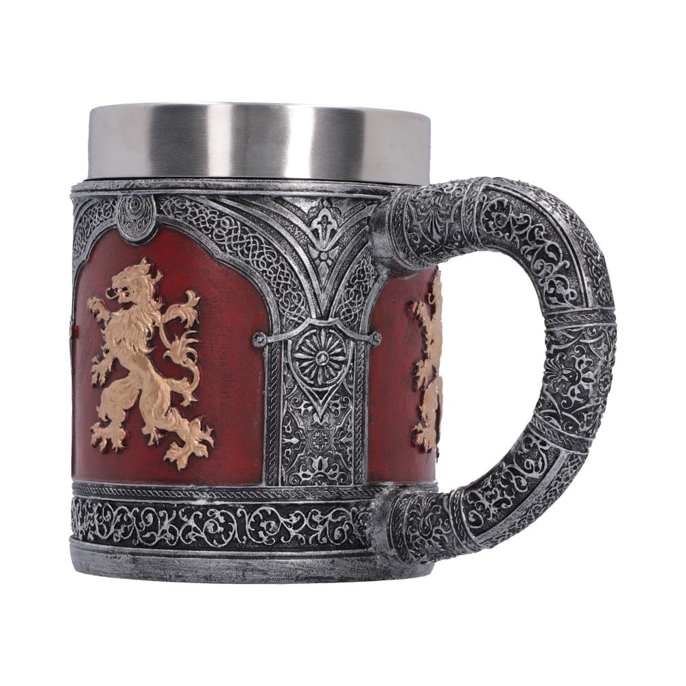Heraldic Lion Decorative Tankard - angled heraldic crests and ornamented handle