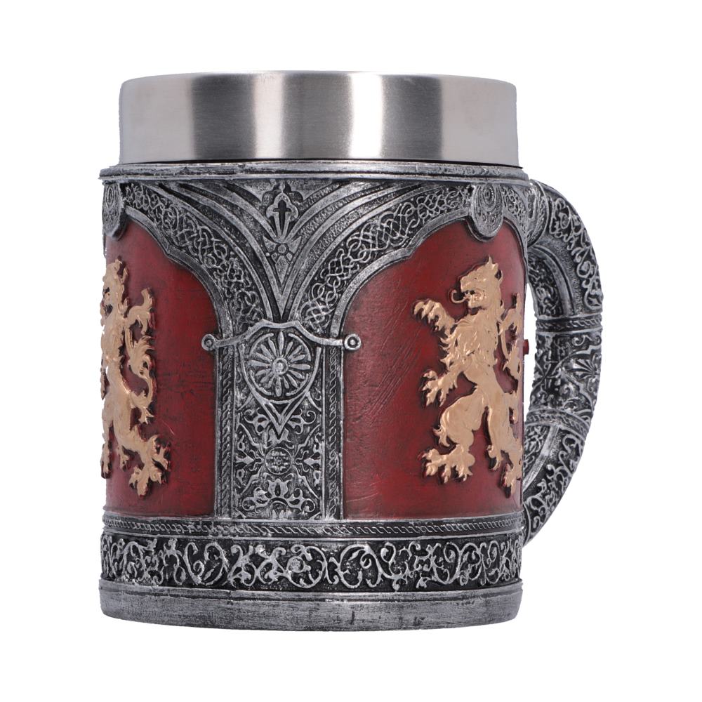 Heraldic Lion Decorative Tankard - side of the curved handle and raised gold-coloured lion