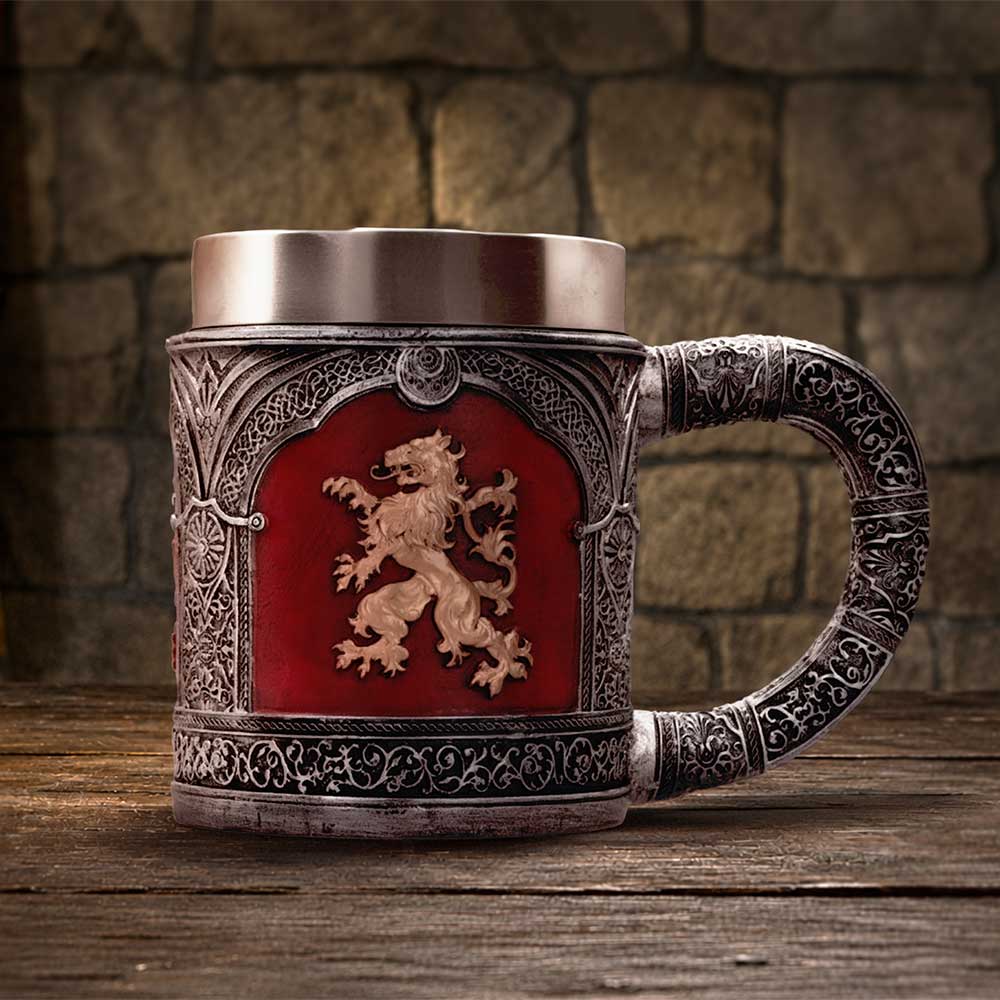 Heraldic Lion Decorative Tankard - heraldic tankard displayed against a dark stone background