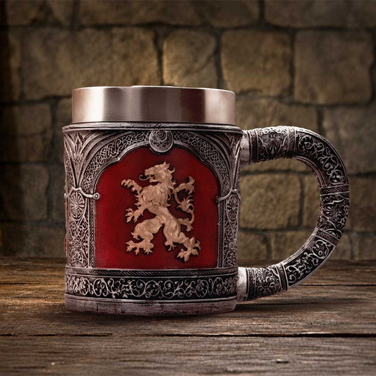 Heraldic Lion Decorative Tankard - heraldic tankard displayed against a dark stone background