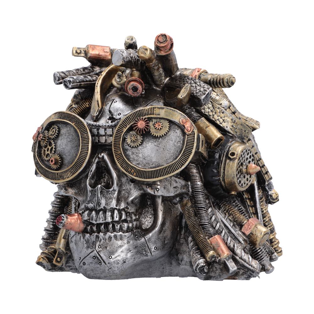 Deadlocked Steampunk Skull Ornament - angled goggles with metallic-coloured fittings around the face