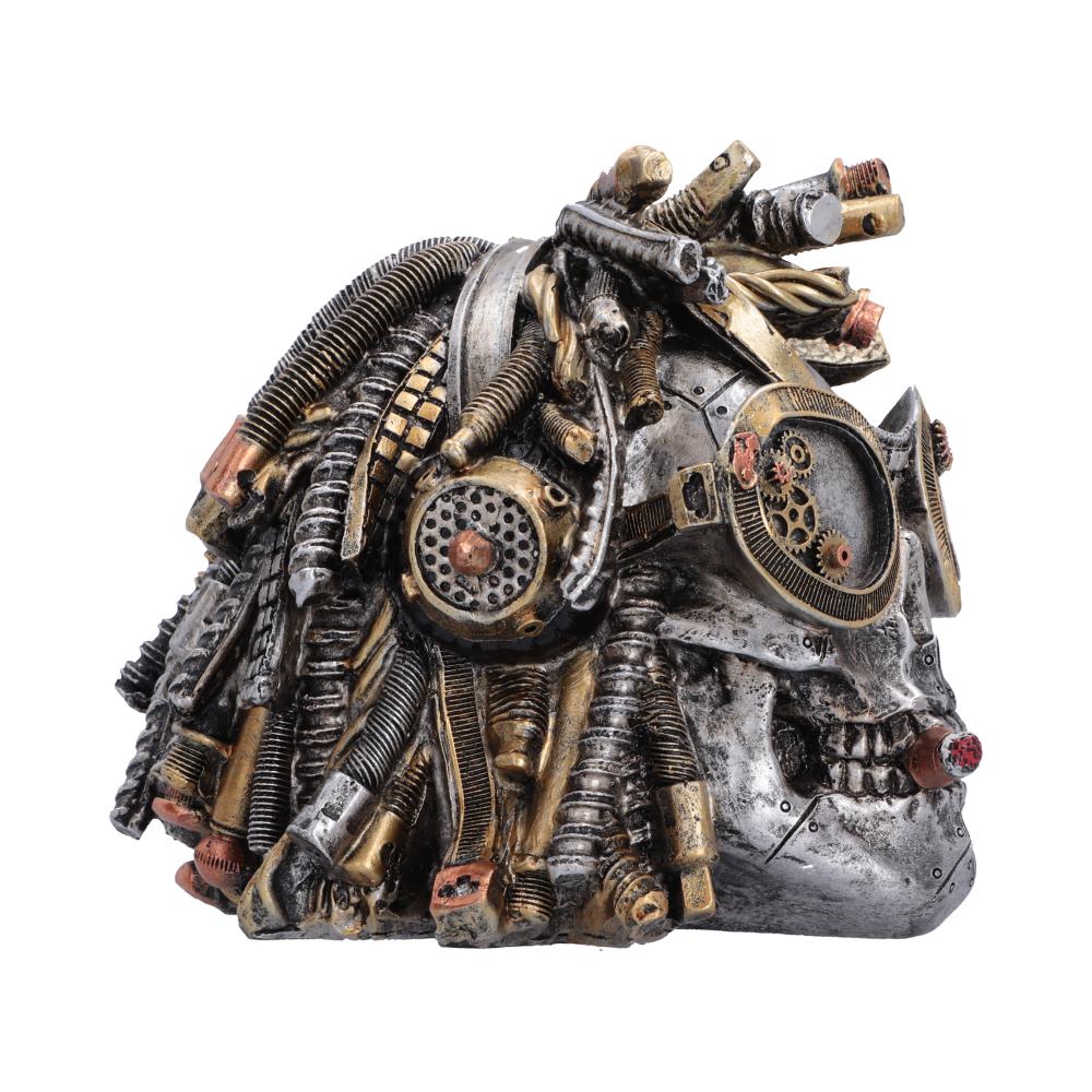 Deadlocked Steampunk Skull Ornament - side of the dreadlocked skull and round mechanical-style goggles