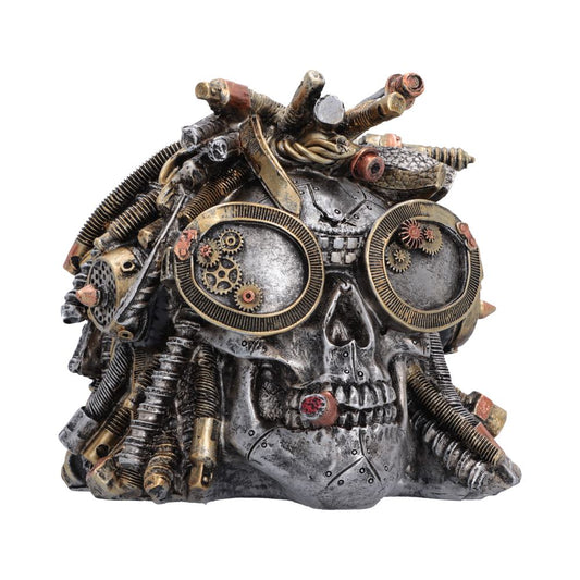 Deadlocked Steampunk Skull Ornament - steampunk skull with cog-filled goggles and cable-like dreadlocks