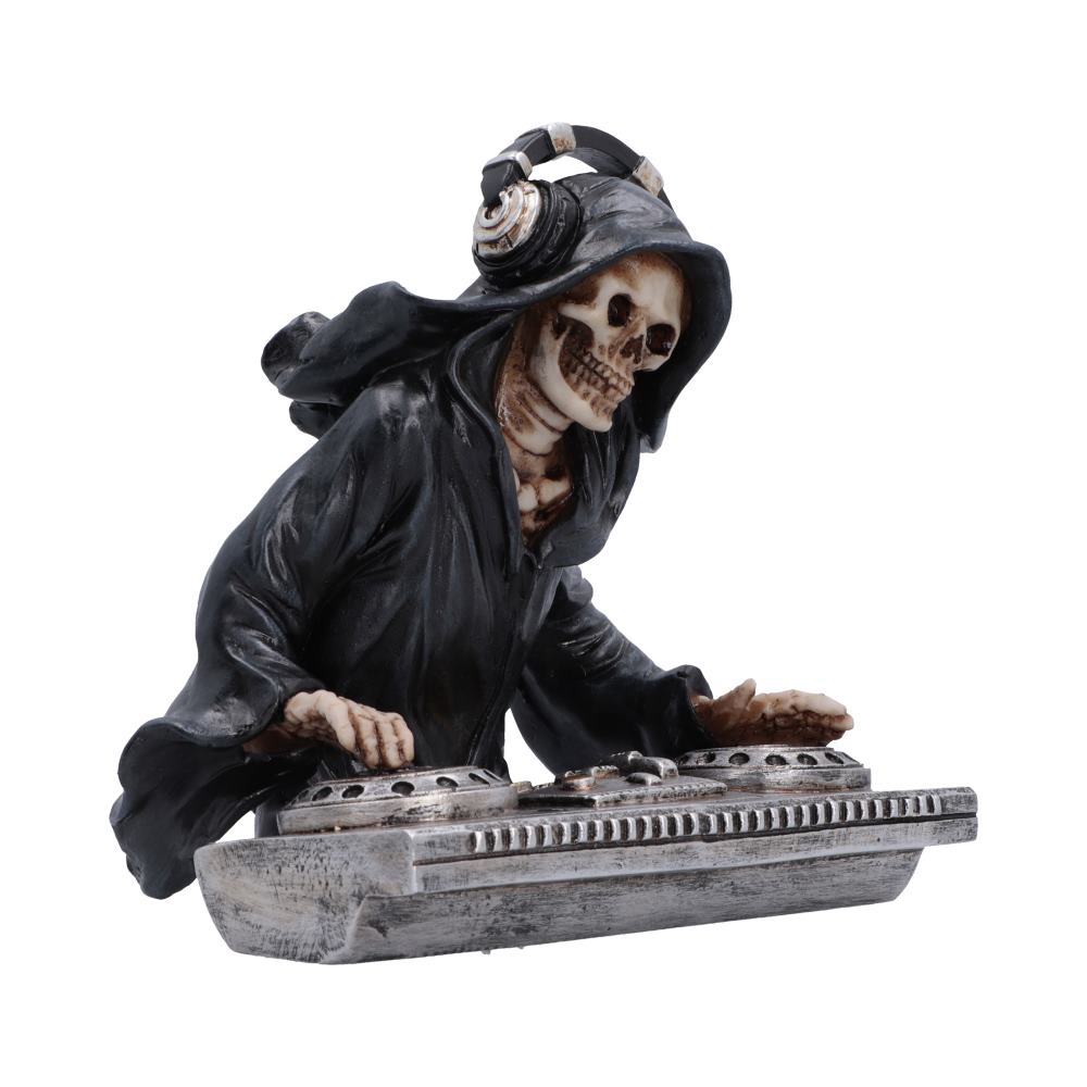 Final Drop DJ Reaper Ornament - side of the grinning DJ and silver-grey mixing decks