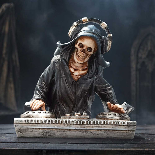 Final Drop DJ Reaper Ornament - headphone-wearing reaper DJ in a dark display setting