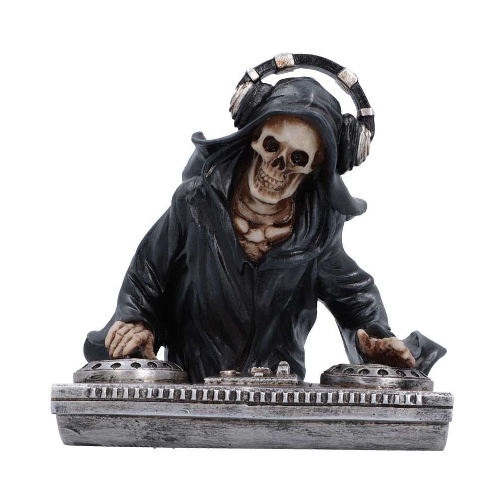 Final Drop DJ Reaper Ornament - skeletal DJ wearing headphones behind sculpted turntables