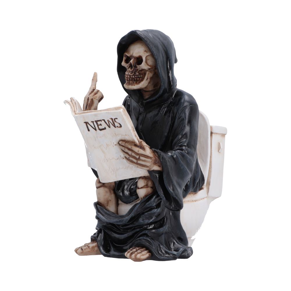 Final Flush Reaper Ornament - angled seated skeleton and open newspaper