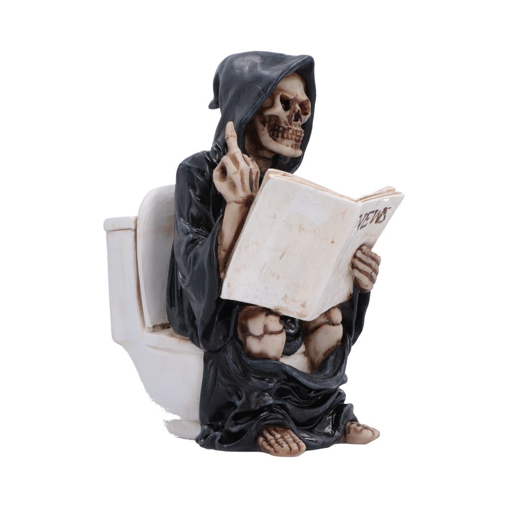 Final Flush Reaper Ornament - side of the newspaper-reading reaper and toilet