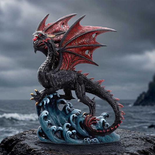 Shadow Tide Guardian Dragon Ornament - wave-perched dragon arranged in a stormy fantasy setting