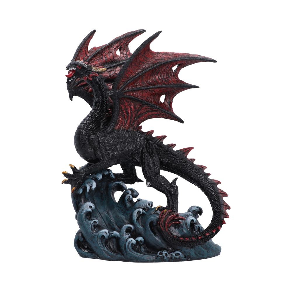 Shadow Tide Guardian Dragon Ornament - black and red dragon standing over curling blue-grey waves