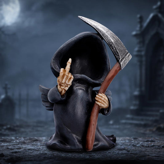 Rebel Reaper Ornament - cheeky little reaper displayed in a dark gothic setting
