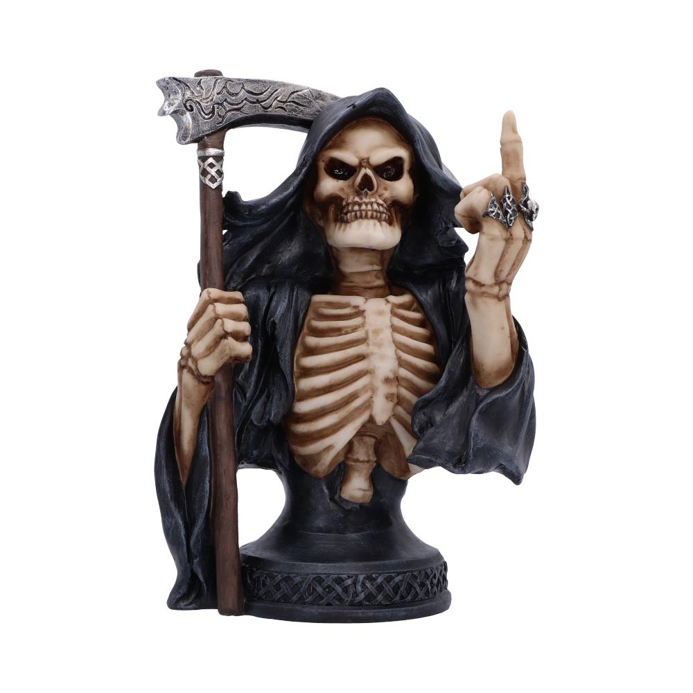 Dead Rude Reaper Bust - skeletal reaper bust holding a scythe and raising a ringed finger