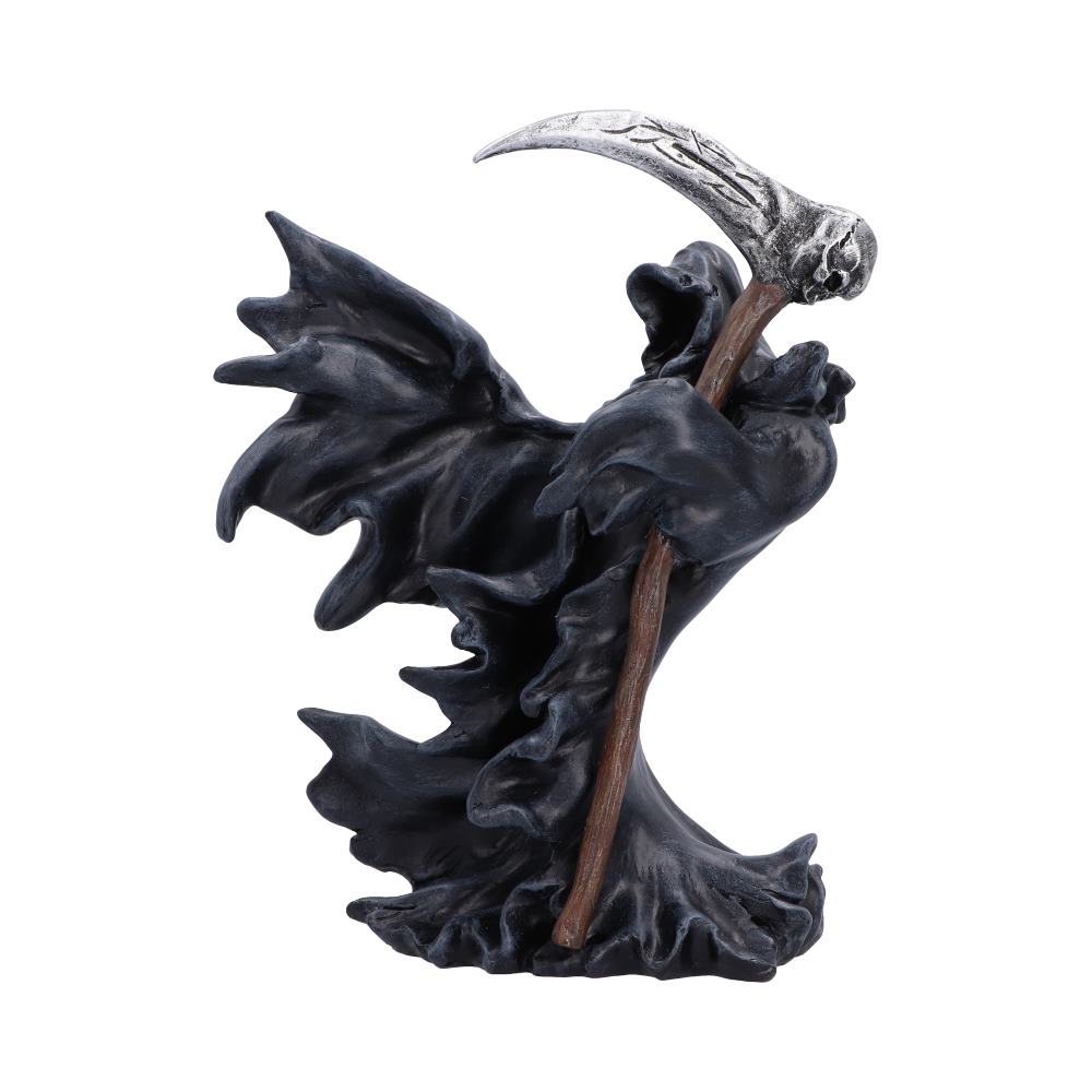 Shadow of Death Reaper Ornament - hooded reaper in a windswept cloak holding a curved scythe