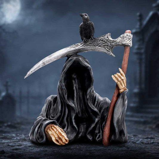Dark Omen Reaper Ornament - raven and hooded reaper arranged in a dark gothic scene