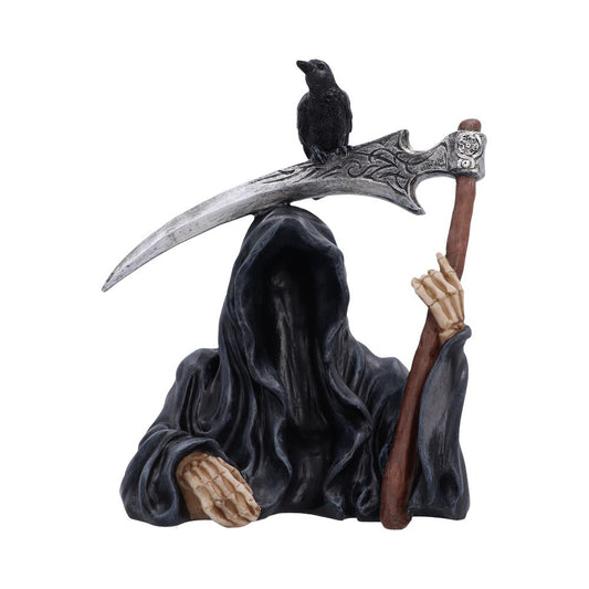 Dark Omen Reaper Ornament - hooded reaper with a black raven perched on the scythe