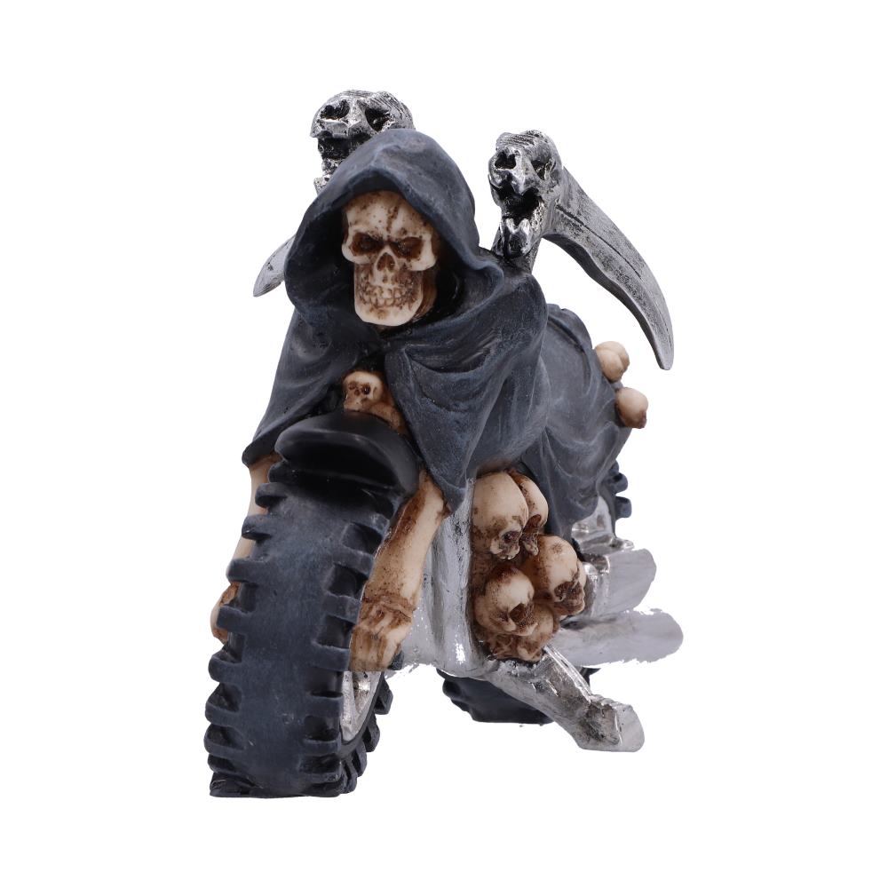 Last Ride Reaper Motorcycle Ornament - front angle of the skeletal rider and chunky front tyre