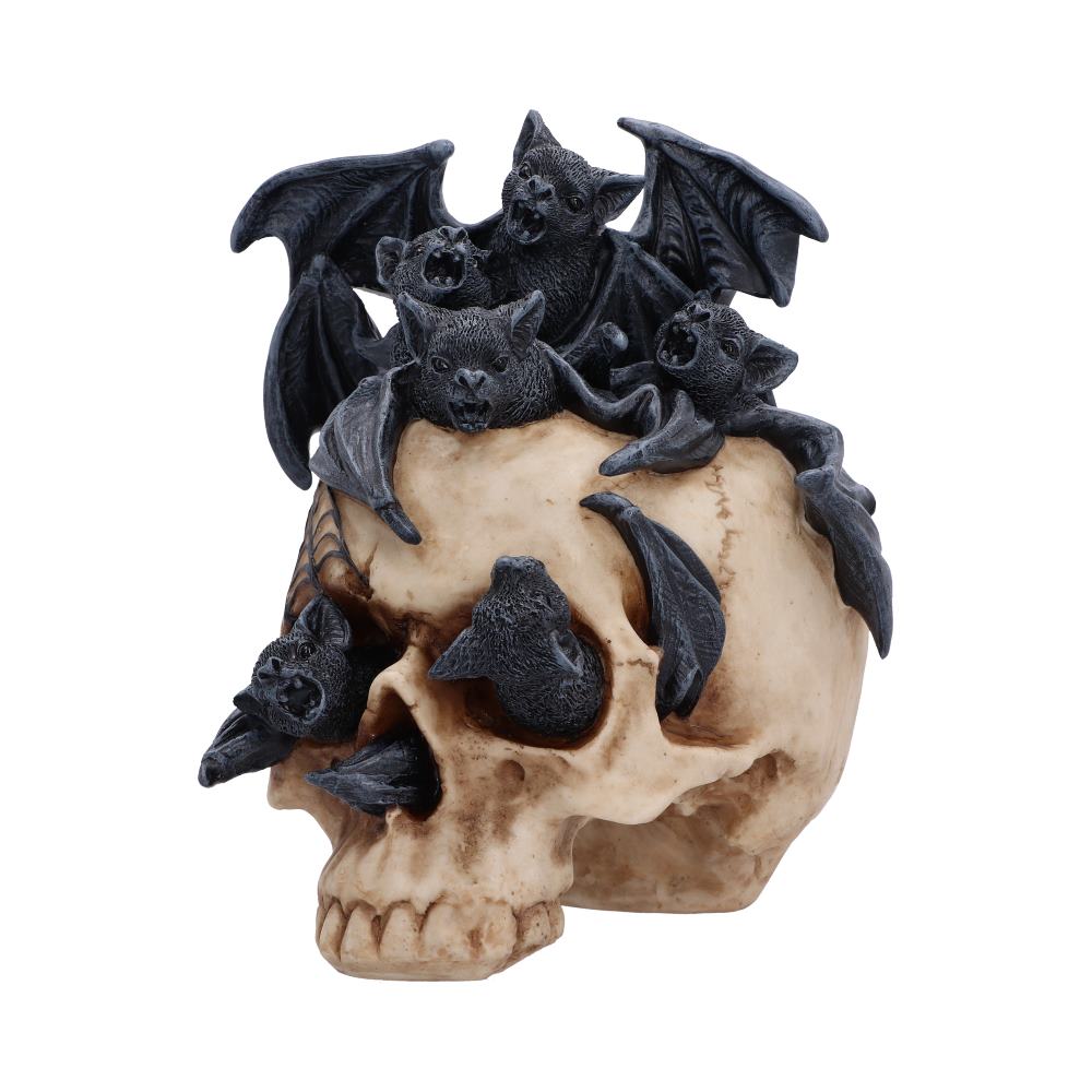 Swarm of Shadows Bat Skull Ornament - angled bat wings above the web-patterned cranium