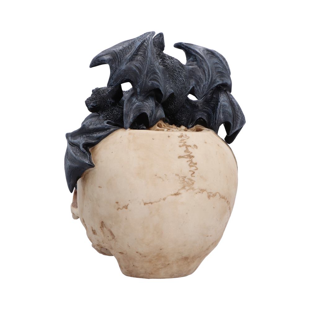Swarm of Shadows Bat Skull Ornament - rear of the pale skull and dark bats across the crown