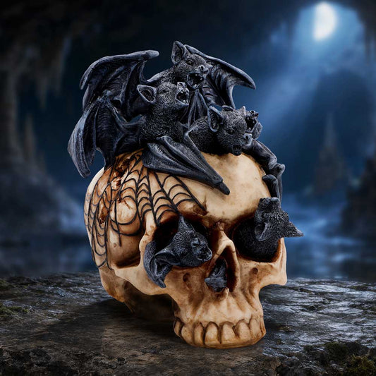 Swarm of Shadows Bat Skull Ornament - bat-covered skull displayed in a shadowy gothic setting