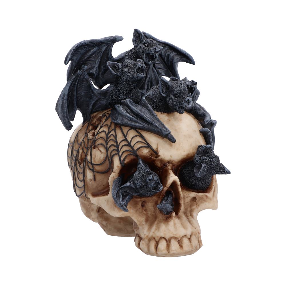 Swarm of Shadows Bat Skull Ornament - black bats crowning a pale skull and filling its eye sockets