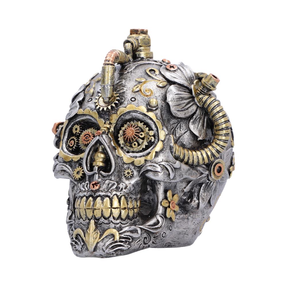 Floral Automaton Steampunk Skull Ornament - angled raised flowers beside sculpted mechanical fittings