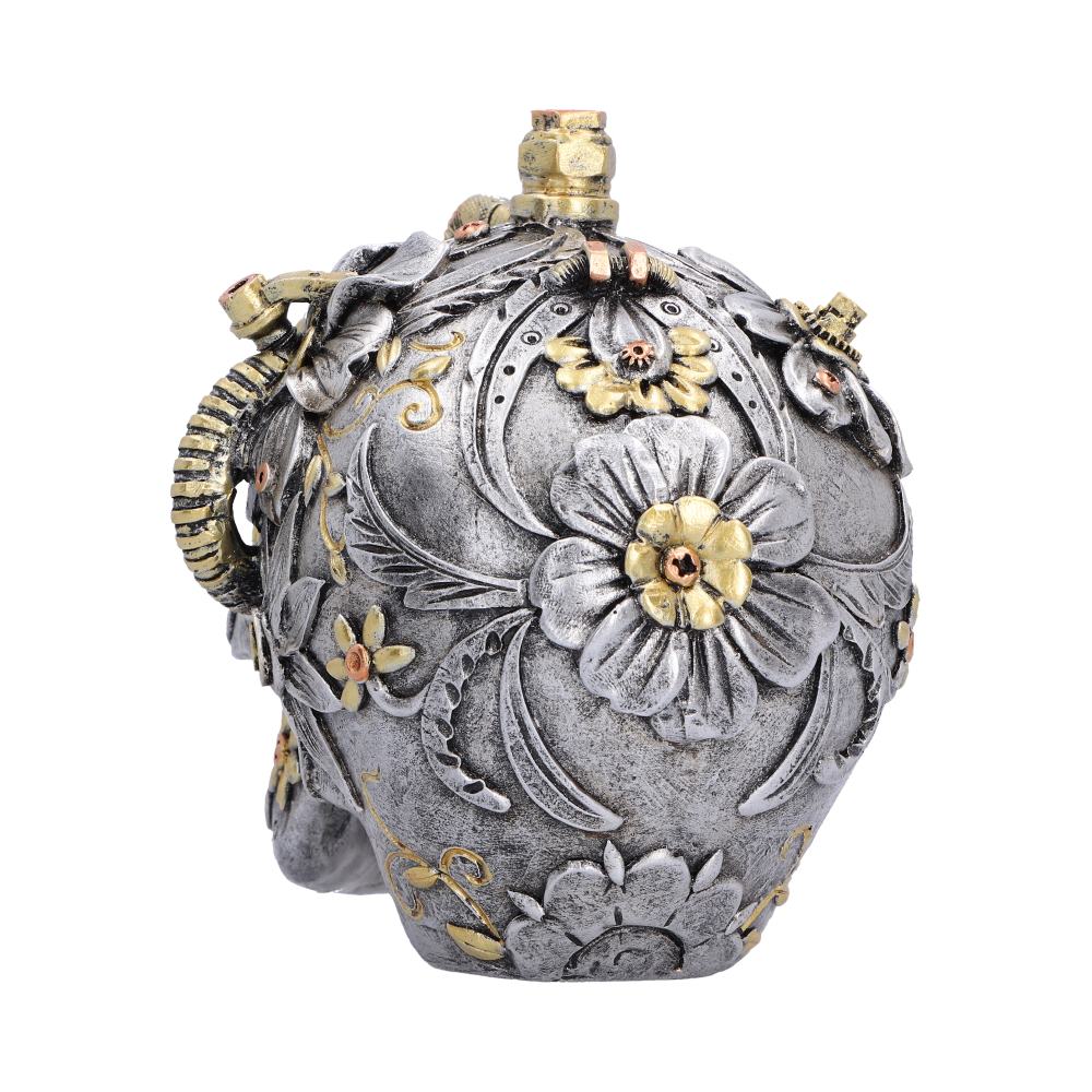 Floral Automaton Steampunk Skull Ornament - rear floral relief across the crown and cranium
